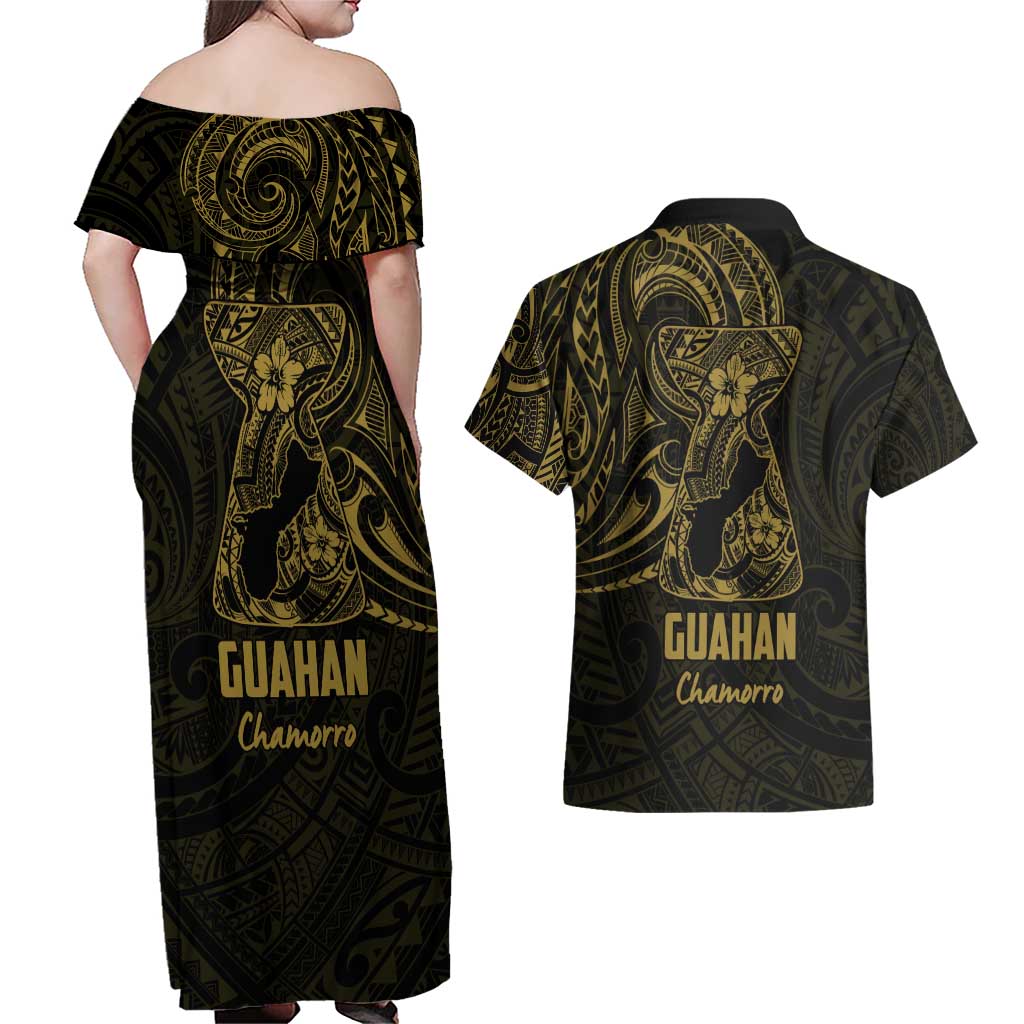 Gold Guam Latte Stone Tribal Tattoo Couples Matching Off Shoulder Maxi Dress and Hawaiian Shirt Hafa Adai Six 7 One LT9 - Polynesian Pride