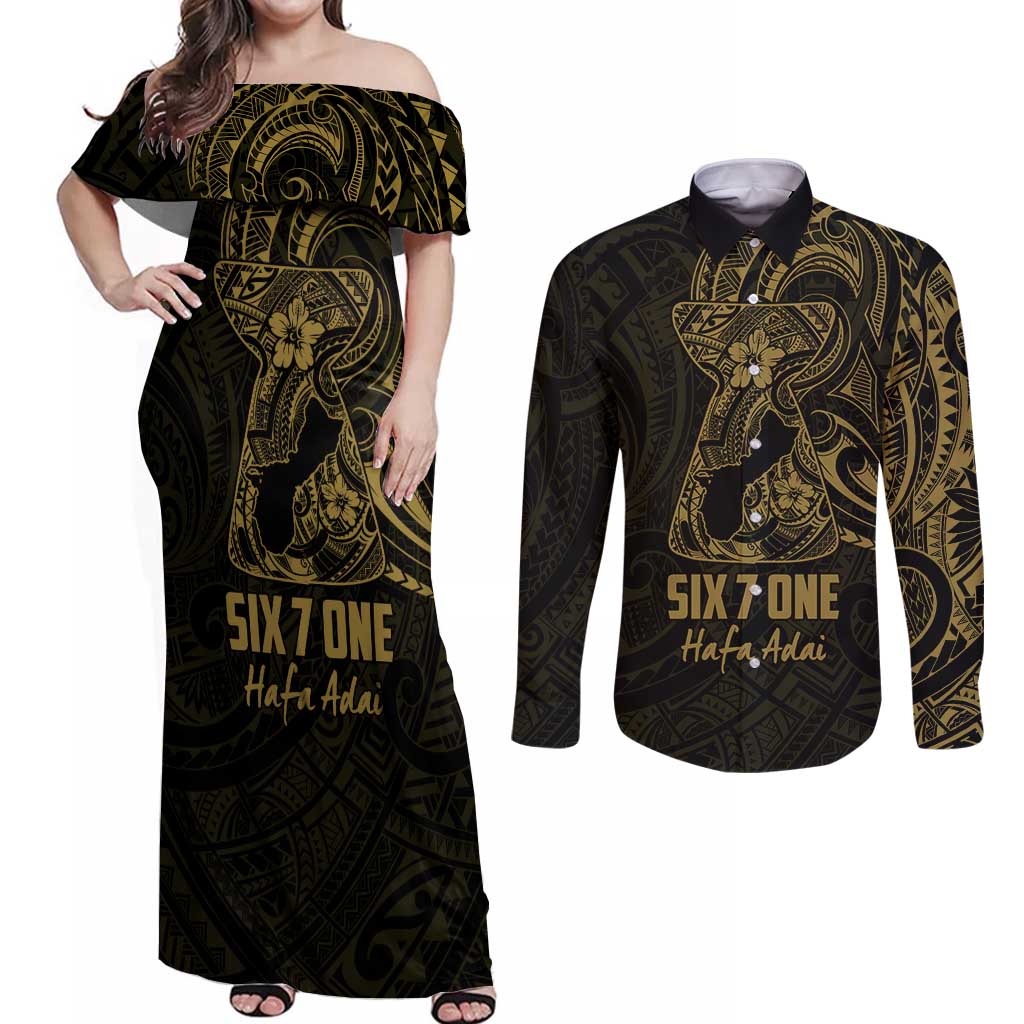 Gold Guam Latte Stone Tribal Tattoo Couples Matching Off Shoulder Maxi Dress and Long Sleeve Button Shirt Hafa Adai Six 7 One LT9 Gold - Polynesian Pride