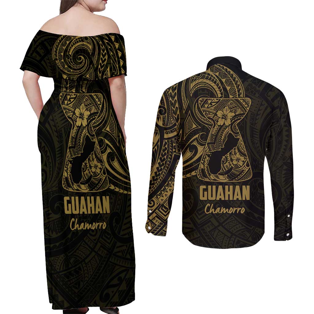 Gold Guam Latte Stone Tribal Tattoo Couples Matching Off Shoulder Maxi Dress and Long Sleeve Button Shirt Hafa Adai Six 7 One LT9 - Polynesian Pride
