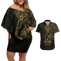 Gold Guam Latte Stone Tribal Tattoo Couples Matching Off Shoulder Short Dress and Hawaiian Shirt Hafa Adai Six 7 One LT9 Gold - Polynesian Pride