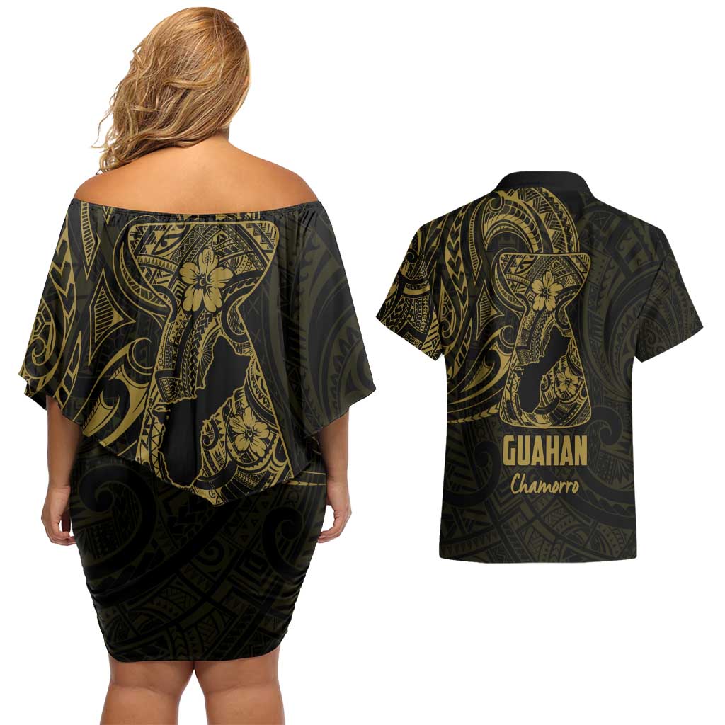 Gold Guam Latte Stone Tribal Tattoo Couples Matching Off Shoulder Short Dress and Hawaiian Shirt Hafa Adai Six 7 One LT9 - Polynesian Pride