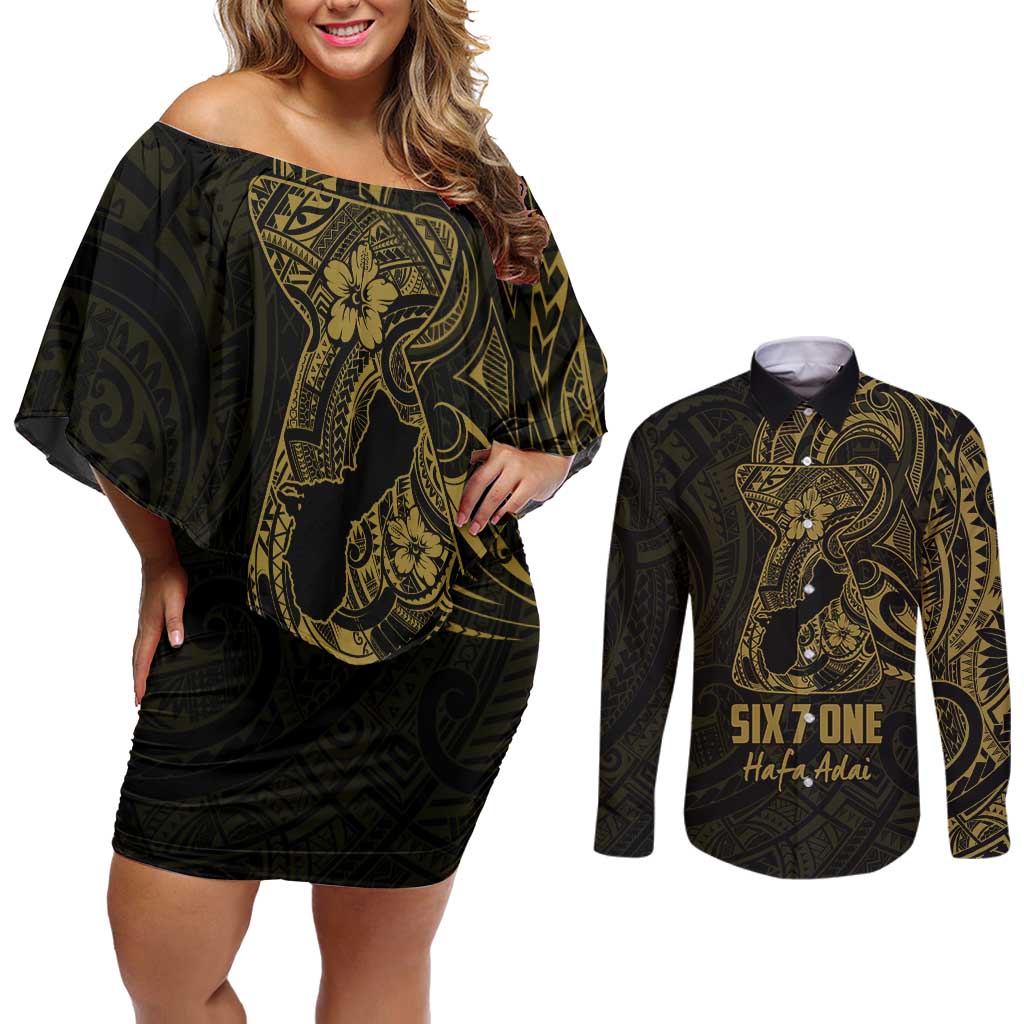 Gold Guam Latte Stone Tribal Tattoo Couples Matching Off Shoulder Short Dress and Long Sleeve Button Shirt Hafa Adai Six 7 One LT9 Gold - Polynesian Pride