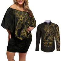 Gold Guam Latte Stone Tribal Tattoo Couples Matching Off Shoulder Short Dress and Long Sleeve Button Shirt Hafa Adai Six 7 One LT9 Gold - Polynesian Pride