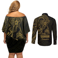 Gold Guam Latte Stone Tribal Tattoo Couples Matching Off Shoulder Short Dress and Long Sleeve Button Shirt Hafa Adai Six 7 One LT9 - Polynesian Pride