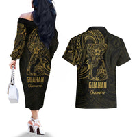 Gold Guam Latte Stone Tribal Tattoo Couples Matching Off The Shoulder Long Sleeve Dress and Hawaiian Shirt Hafa Adai Six 7 One LT9 - Polynesian Pride
