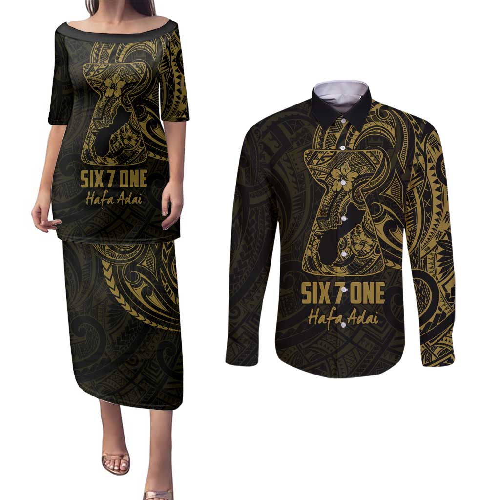 Gold Guam Latte Stone Tribal Tattoo Couples Matching Puletasi and Long Sleeve Button Shirt Hafa Adai Six 7 One LT9 Gold - Polynesian Pride