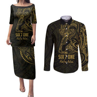 Gold Guam Latte Stone Tribal Tattoo Couples Matching Puletasi and Long Sleeve Button Shirt Hafa Adai Six 7 One LT9 Gold - Polynesian Pride