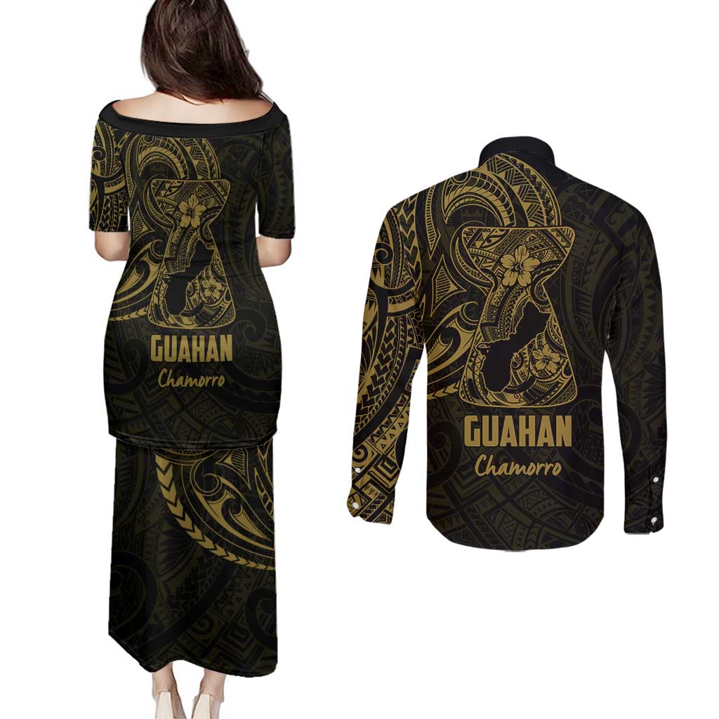 Gold Guam Latte Stone Tribal Tattoo Couples Matching Puletasi and Long Sleeve Button Shirt Hafa Adai Six 7 One LT9 - Polynesian Pride