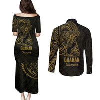Gold Guam Latte Stone Tribal Tattoo Couples Matching Puletasi and Long Sleeve Button Shirt Hafa Adai Six 7 One LT9 - Polynesian Pride
