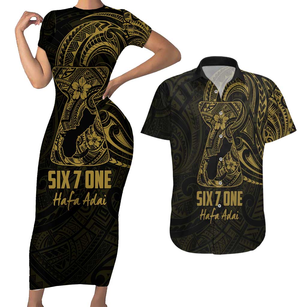 Gold Guam Latte Stone Tribal Tattoo Couples Matching Short Sleeve Bodycon Dress and Hawaiian Shirt Hafa Adai Six 7 One LT9 Gold - Polynesian Pride
