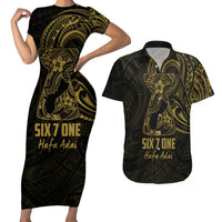 Gold Guam Latte Stone Tribal Tattoo Couples Matching Short Sleeve Bodycon Dress and Hawaiian Shirt Hafa Adai Six 7 One LT9 Gold - Polynesian Pride