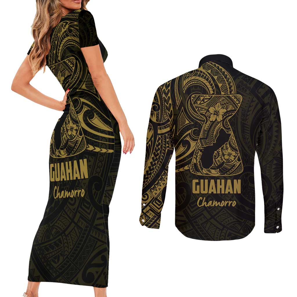 Gold Guam Latte Stone Tribal Tattoo Couples Matching Short Sleeve Bodycon Dress and Long Sleeve Button Shirt Hafa Adai Six 7 One LT9 - Polynesian Pride