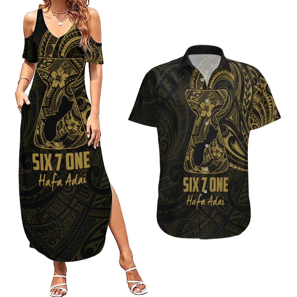 Gold Guam Latte Stone Tribal Tattoo Couples Matching Summer Maxi Dress and Hawaiian Shirt Hafa Adai Six 7 One LT9 Gold - Polynesian Pride