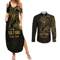 Gold Guam Latte Stone Tribal Tattoo Couples Matching Summer Maxi Dress and Long Sleeve Button Shirt Hafa Adai Six 7 One LT9 Gold - Polynesian Pride