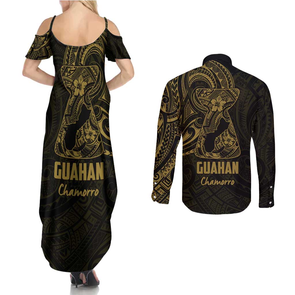 Gold Guam Latte Stone Tribal Tattoo Couples Matching Summer Maxi Dress and Long Sleeve Button Shirt Hafa Adai Six 7 One LT9 - Polynesian Pride