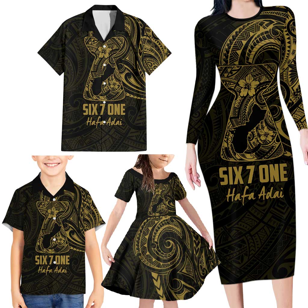 Gold Guam Latte Stone Tribal Tattoo Family Matching Long Sleeve Bodycon Dress and Hawaiian Shirt Hafa Adai Six 7 One LT9 - Polynesian Pride