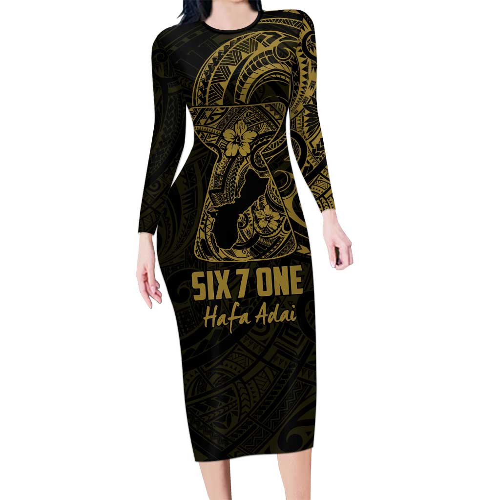 Gold Guam Latte Stone Tribal Tattoo Family Matching Long Sleeve Bodycon Dress and Hawaiian Shirt Hafa Adai Six 7 One LT9 Mom's Dress Gold - Polynesian Pride