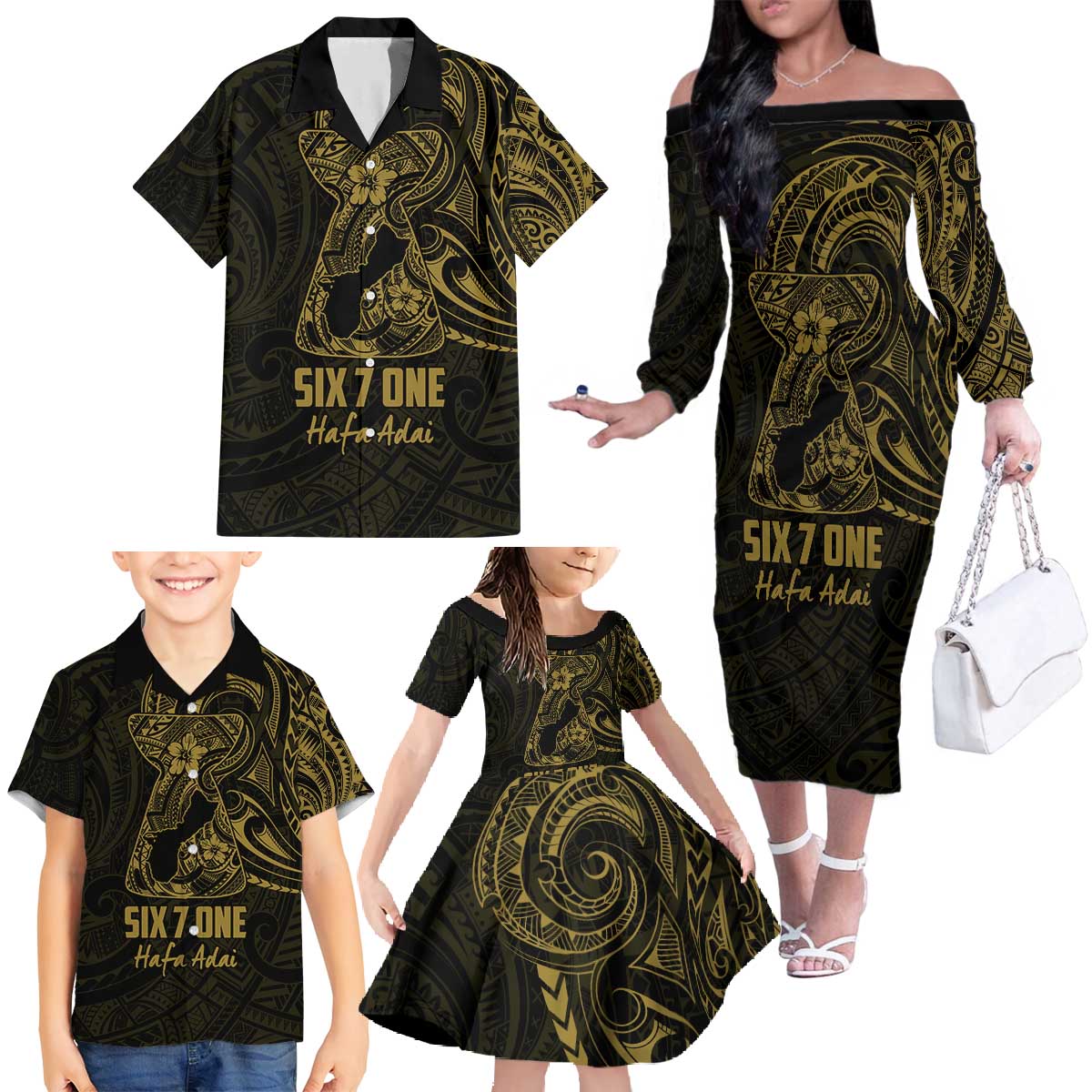 Gold Guam Latte Stone Tribal Tattoo Family Matching Off The Shoulder Long Sleeve Dress and Hawaiian Shirt Hafa Adai Six 7 One LT9 - Polynesian Pride