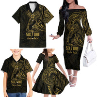 Gold Guam Latte Stone Tribal Tattoo Family Matching Off The Shoulder Long Sleeve Dress and Hawaiian Shirt Hafa Adai Six 7 One LT9 - Polynesian Pride