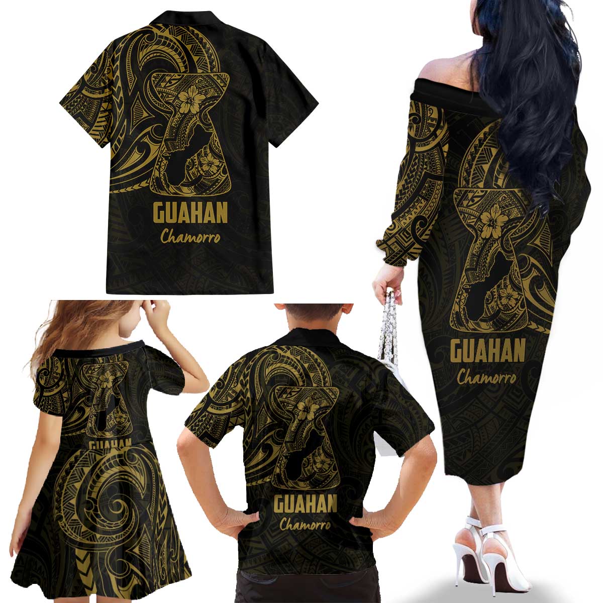 Gold Guam Latte Stone Tribal Tattoo Family Matching Off The Shoulder Long Sleeve Dress and Hawaiian Shirt Hafa Adai Six 7 One LT9 - Polynesian Pride