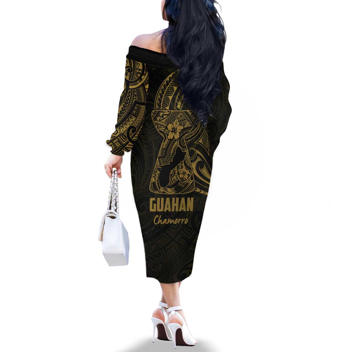 Gold Guam Latte Stone Tribal Tattoo Family Matching Off The Shoulder Long Sleeve Dress and Hawaiian Shirt Hafa Adai Six 7 One LT9 - Polynesian Pride