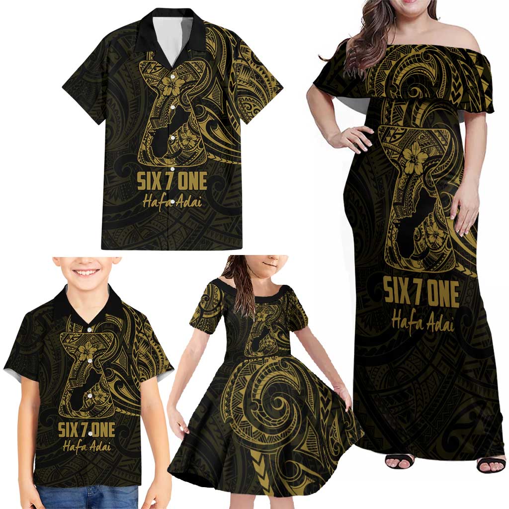 Gold Guam Latte Stone Tribal Tattoo Family Matching Off Shoulder Maxi Dress and Hawaiian Shirt Hafa Adai Six 7 One LT9 - Polynesian Pride