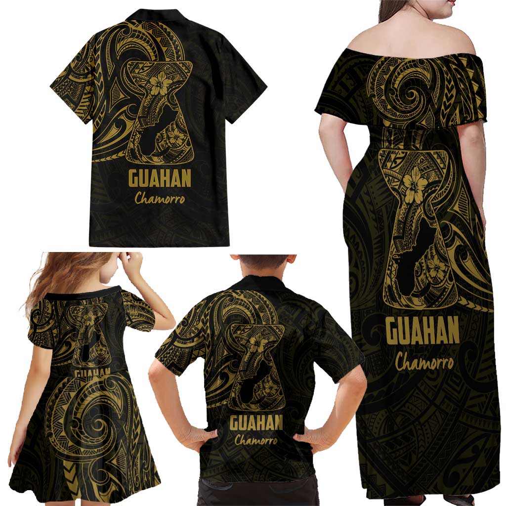 Gold Guam Latte Stone Tribal Tattoo Family Matching Off Shoulder Maxi Dress and Hawaiian Shirt Hafa Adai Six 7 One LT9 - Polynesian Pride
