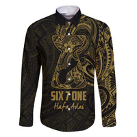 Gold Guam Latte Stone Tribal Tattoo Family Matching Off Shoulder Maxi Dress and Hawaiian Shirt Hafa Adai Six 7 One LT9 Dad's Shirt - Long Sleeve Gold - Polynesian Pride