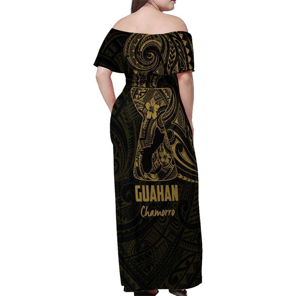 Gold Guam Latte Stone Tribal Tattoo Family Matching Off Shoulder Maxi Dress and Hawaiian Shirt Hafa Adai Six 7 One LT9 - Polynesian Pride