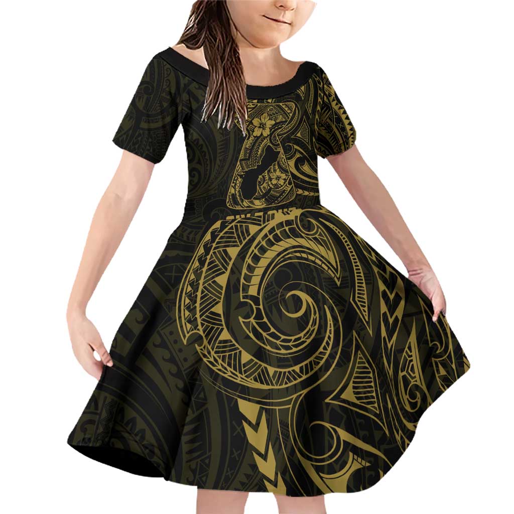 Gold Guam Latte Stone Tribal Tattoo Family Matching Off Shoulder Short Dress and Hawaiian Shirt Hafa Adai Six 7 One LT9 Daughter's Dress Gold - Polynesian Pride