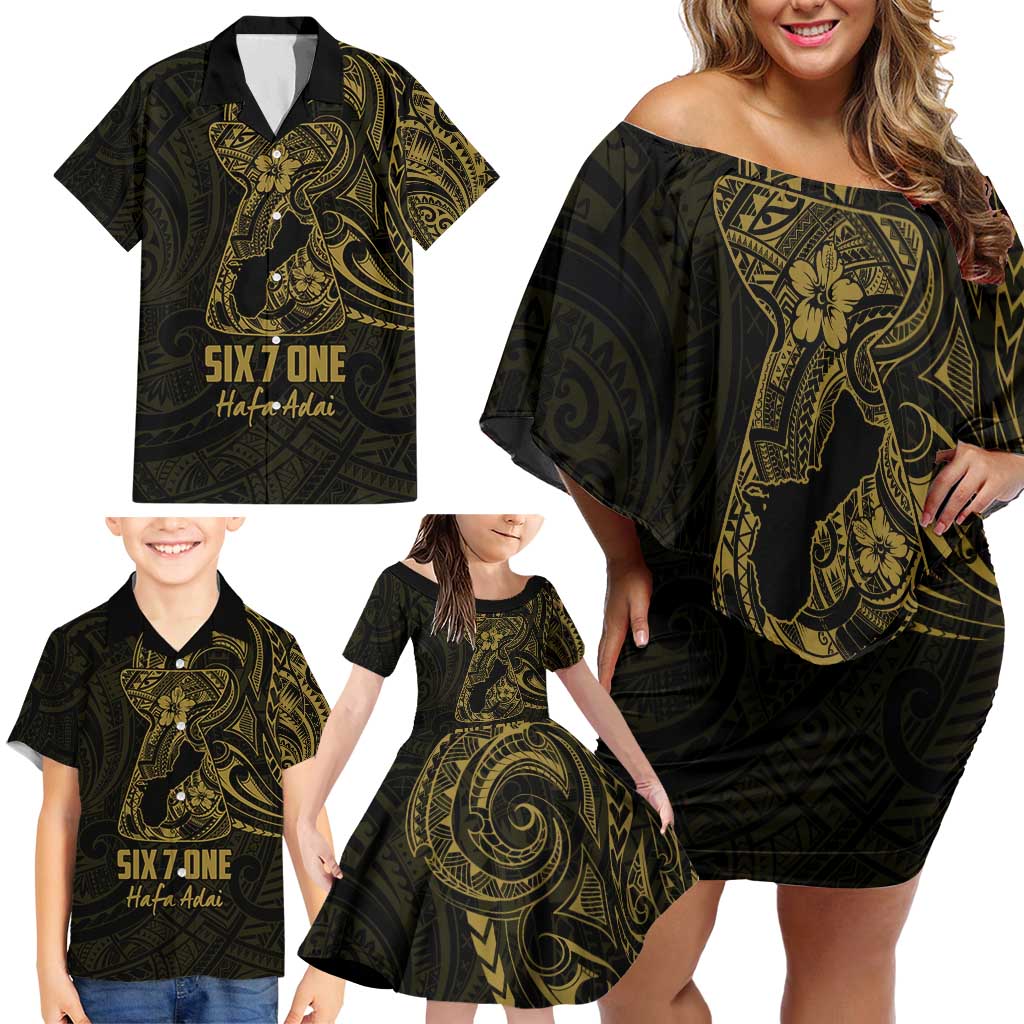 Gold Guam Latte Stone Tribal Tattoo Family Matching Off Shoulder Short Dress and Hawaiian Shirt Hafa Adai Six 7 One LT9 - Polynesian Pride