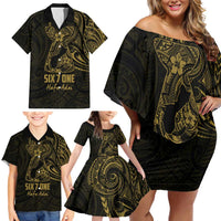 Gold Guam Latte Stone Tribal Tattoo Family Matching Off Shoulder Short Dress and Hawaiian Shirt Hafa Adai Six 7 One LT9 - Polynesian Pride