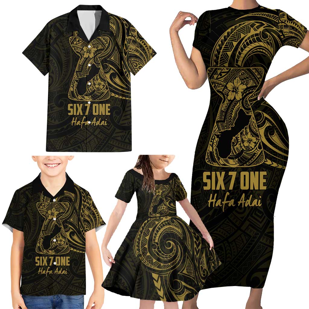 Gold Guam Latte Stone Tribal Tattoo Family Matching Short Sleeve Bodycon Dress and Hawaiian Shirt Hafa Adai Six 7 One LT9 - Polynesian Pride