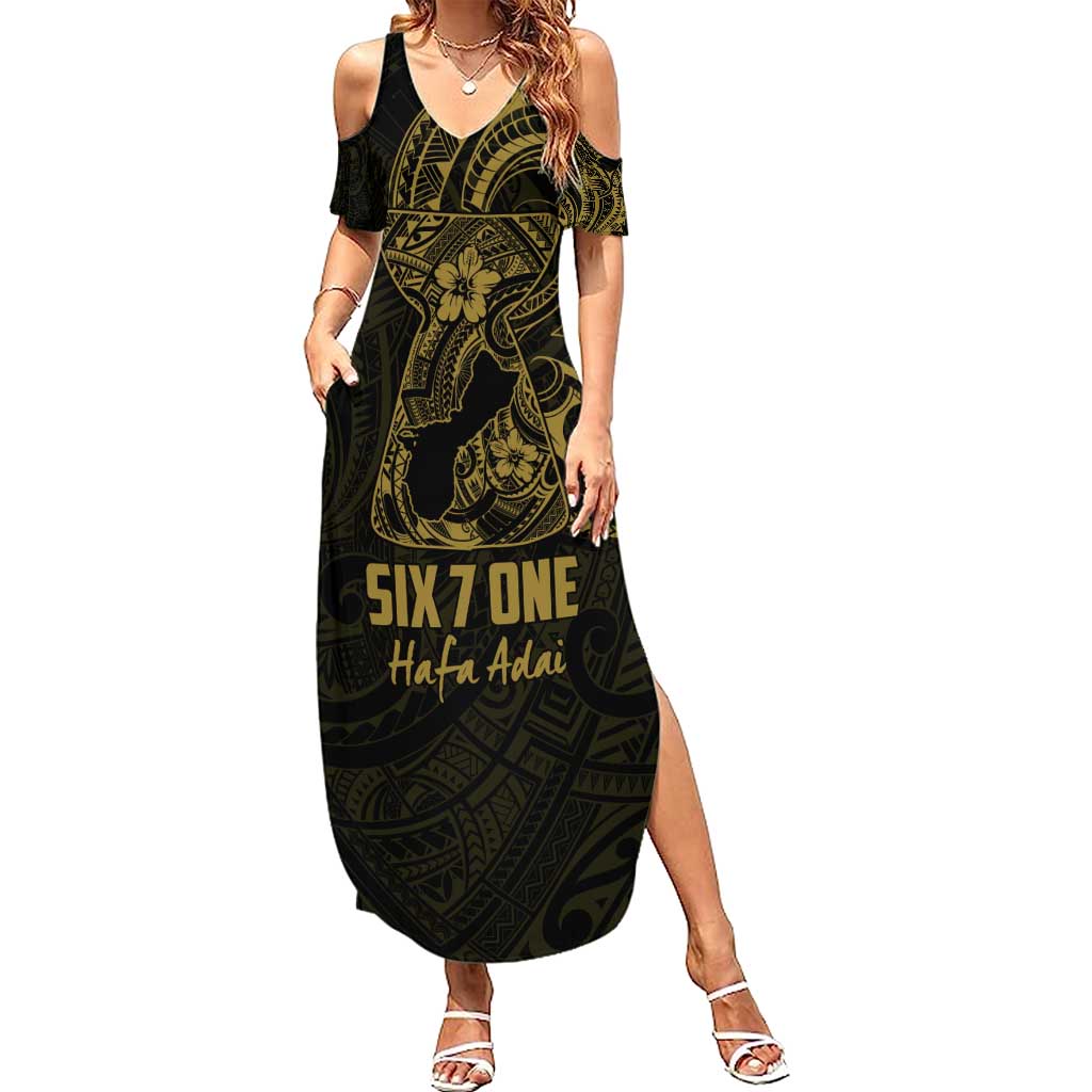 Gold Guam Latte Stone Tribal Tattoo Family Matching Summer Maxi Dress and Hawaiian Shirt Hafa Adai Six 7 One LT9 Mom's Dress Gold - Polynesian Pride