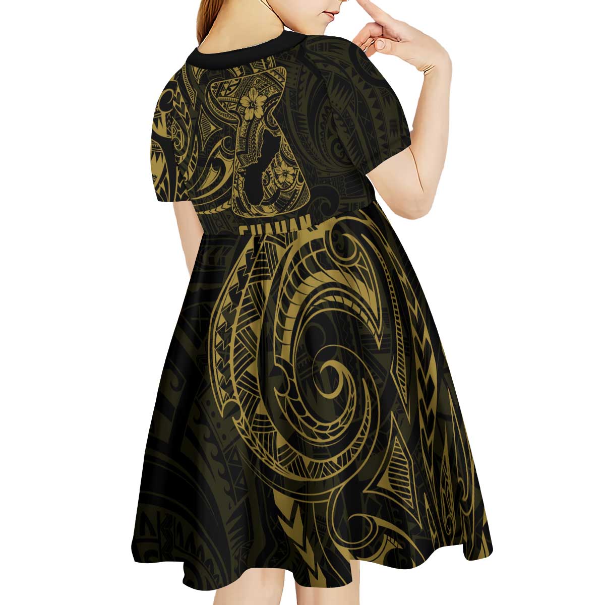 Gold Guam Latte Stone Tribal Tattoo Kid Short Sleeve Dress Hafa Adai Six 7 One LT9 - Polynesian Pride