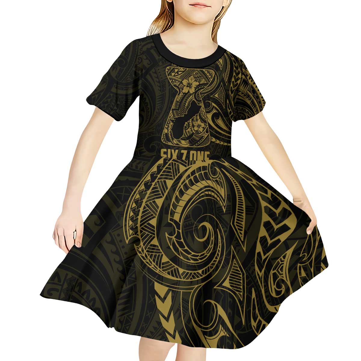 Gold Guam Latte Stone Tribal Tattoo Kid Short Sleeve Dress Hafa Adai Six 7 One LT9 - Polynesian Pride