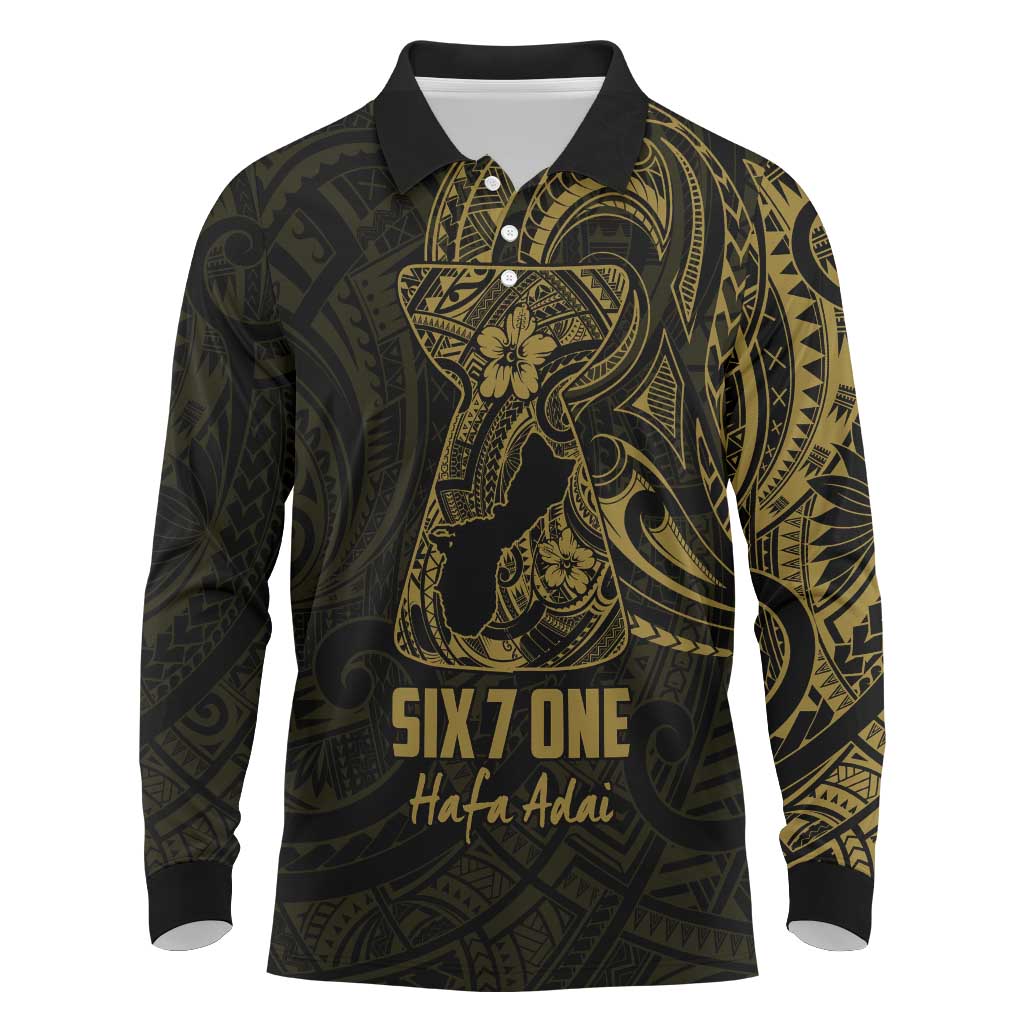 Gold Guam Latte Stone Tribal Tattoo Long Sleeve Polo Shirt Hafa Adai Six 7 One LT9 Gold - Polynesian Pride
