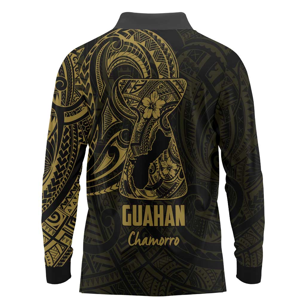 Gold Guam Latte Stone Tribal Tattoo Long Sleeve Polo Shirt Hafa Adai Six 7 One LT9 - Polynesian Pride