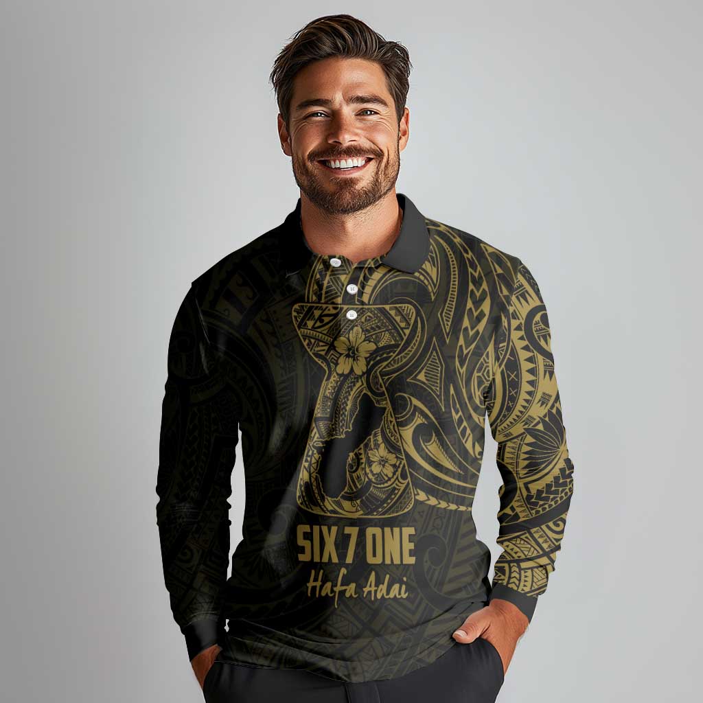 Gold Guam Latte Stone Tribal Tattoo Long Sleeve Polo Shirt Hafa Adai Six 7 One LT9 - Polynesian Pride