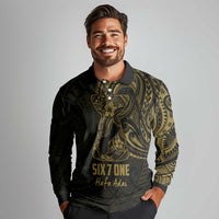Gold Guam Latte Stone Tribal Tattoo Long Sleeve Polo Shirt Hafa Adai Six 7 One LT9 - Polynesian Pride