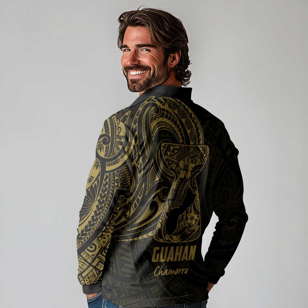 Gold Guam Latte Stone Tribal Tattoo Long Sleeve Polo Shirt Hafa Adai Six 7 One LT9 - Polynesian Pride