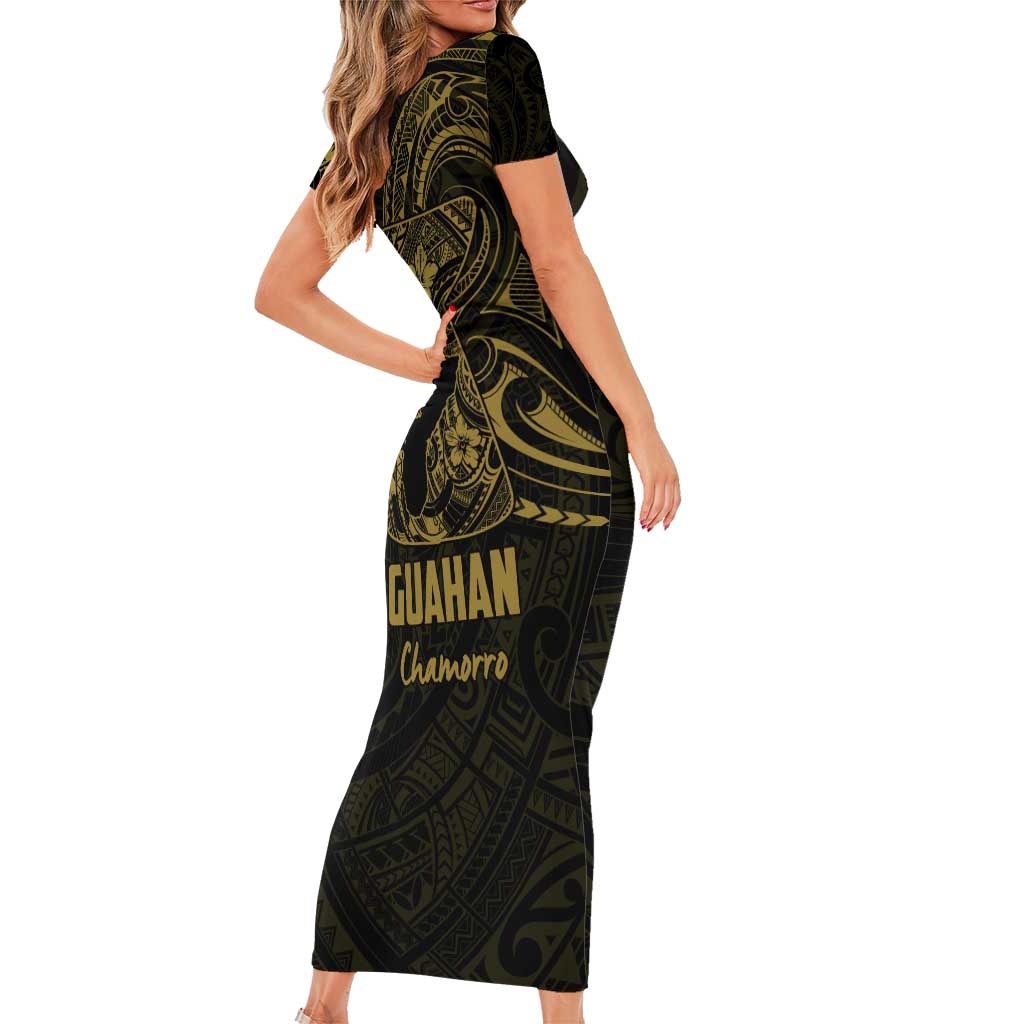 Gold Guam Latte Stone Tribal Tattoo Short Sleeve Bodycon Dress Hafa Adai Six 7 One LT9 - Polynesian Pride