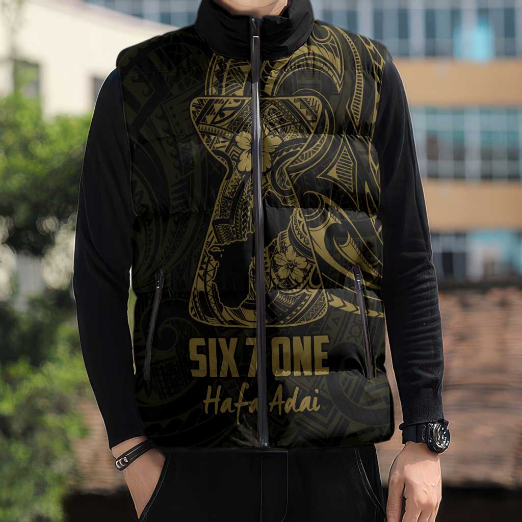 Gold Guam Latte Stone Tribal Tattoo Sleeveless Puffer Jacket Hafa Adai Six 7 One - Polynesian Pride