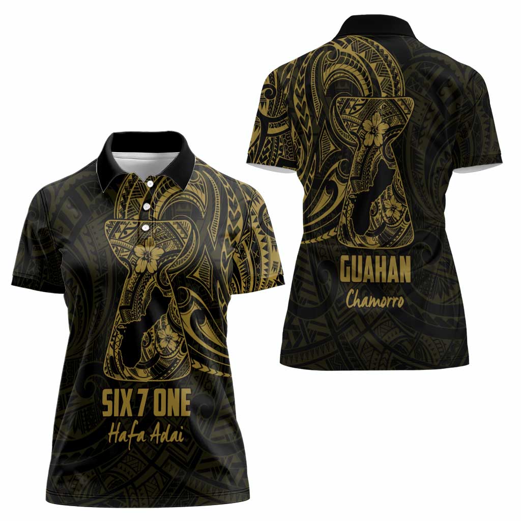 Gold Guam Latte Stone Tribal Tattoo Women Polo Shirt Hafa Adai Six 7 One LT9 - Polynesian Pride