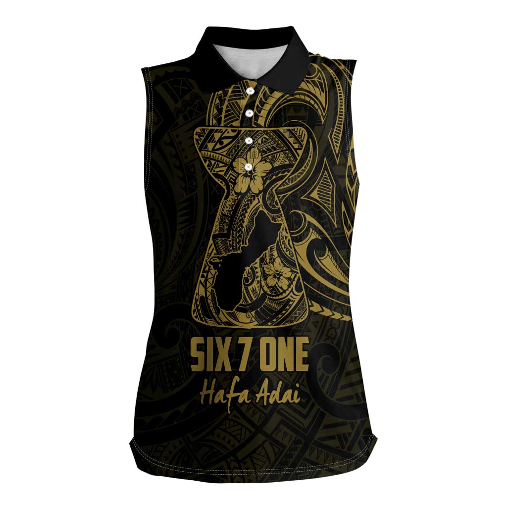 Gold Guam Latte Stone Tribal Tattoo Women Sleeveless Polo Shirt Hafa Adai Six 7 One LT9 Female Gold - Polynesian Pride