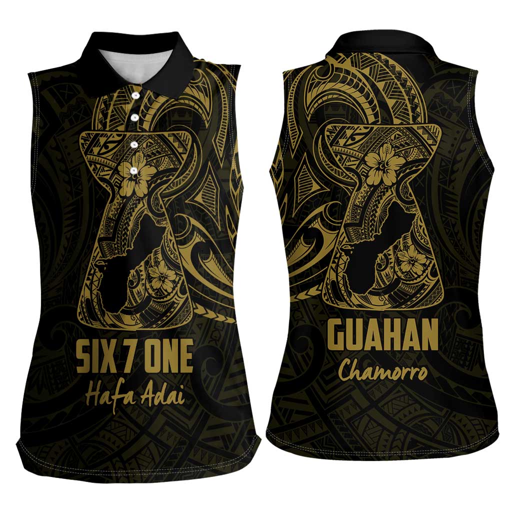 Gold Guam Latte Stone Tribal Tattoo Women Sleeveless Polo Shirt Hafa Adai Six 7 One LT9 - Polynesian Pride