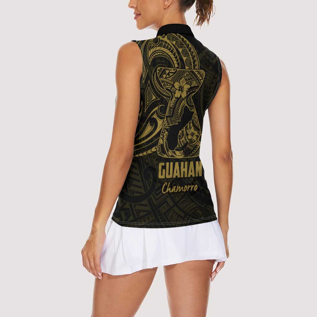 Gold Guam Latte Stone Tribal Tattoo Women Sleeveless Polo Shirt Hafa Adai Six 7 One LT9 - Polynesian Pride