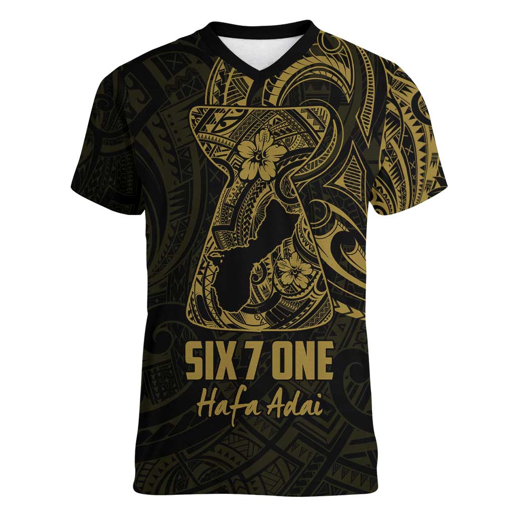 Gold Guam Latte Stone Tribal Tattoo Women V-Neck T-Shirt Hafa Adai Six 7 One LT9 Female Gold - Polynesian Pride