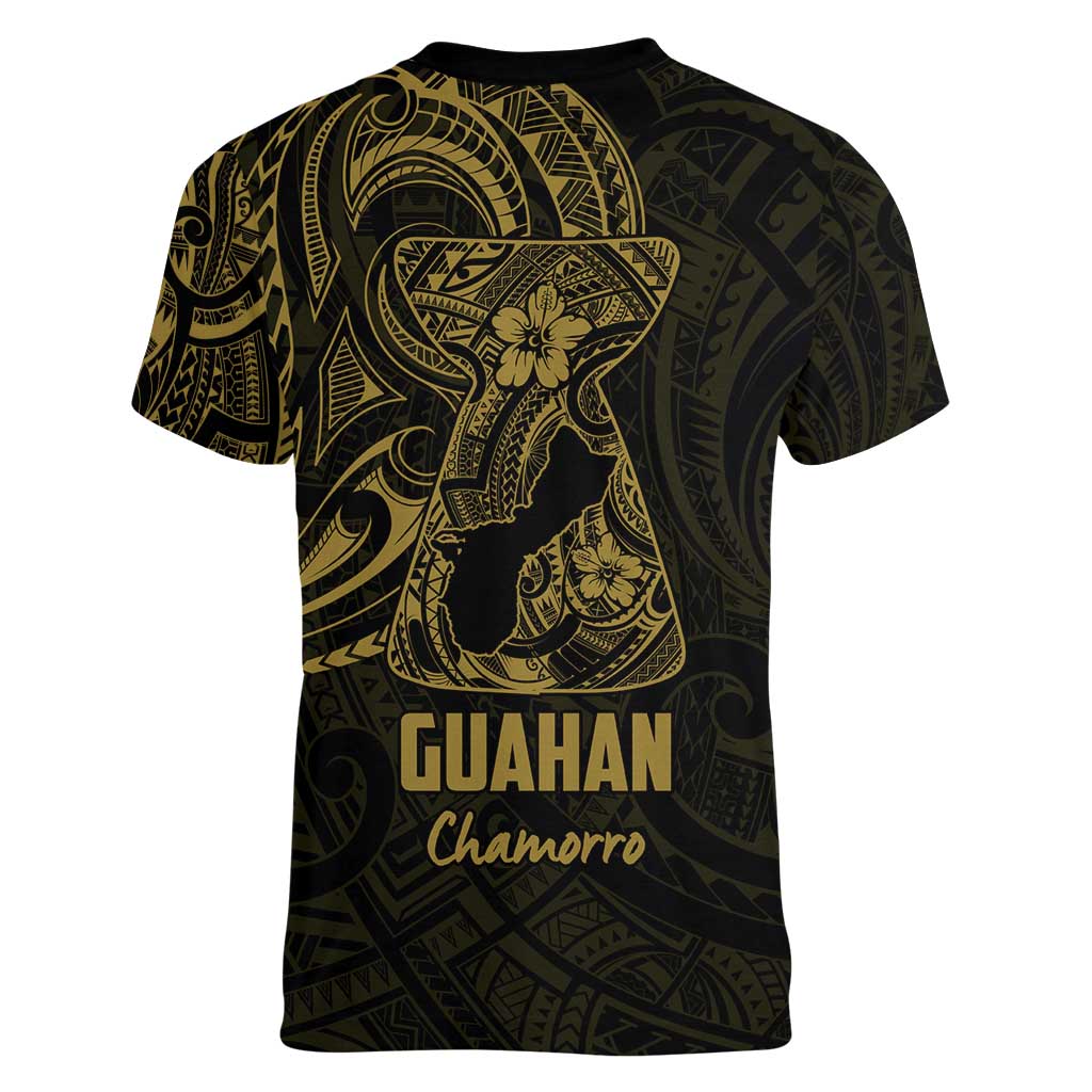 Gold Guam Latte Stone Tribal Tattoo Women V-Neck T-Shirt Hafa Adai Six 7 One LT9 - Polynesian Pride