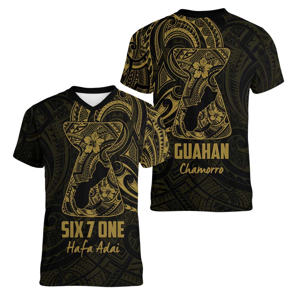 Gold Guam Latte Stone Tribal Tattoo Women V-Neck T-Shirt Hafa Adai Six 7 One LT9 - Polynesian Pride